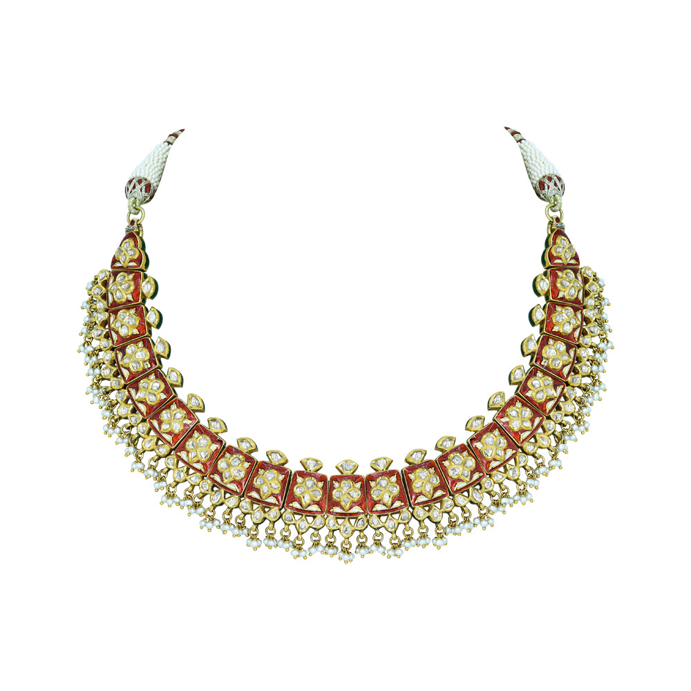 Red Enamel Polki Necklace with Floral Motifs and Cheed Pearls